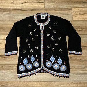 Storybook Knits Cardigan Sweater SZ Large Black Deco Glamour Knit Beaded